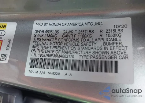 2021 Acura Tlx Standard from USA, damaged, VIN 19UUB5F30MA003170
